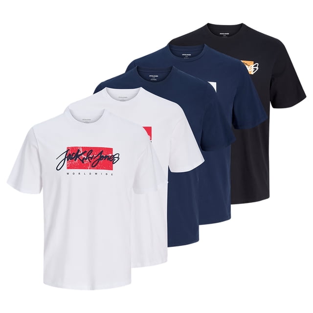 JACK&JONES Camisetas de hombre, pack de 5 - JJTILEY JJNOLAN, cuello redondo, algodón Blanco/Azul oscuro/Negro XL (X-Large)
