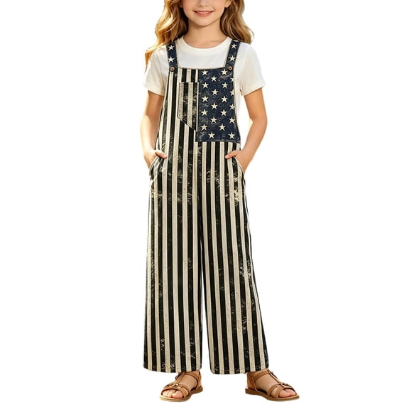 Rompers for Girls Minimalist Patriotic Flag Print Sleeveless Square Neck Unisex Casual Pocket Jumpsuit Kids Holiday Play Outfit