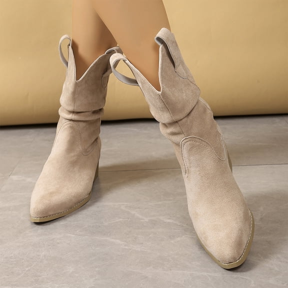 Women's Slouchy Chunky Heel Mid Calf Cowboy Boots Pointed Toe Pull On Retro Riding Boots Fall Fashion Cowgirl Booties