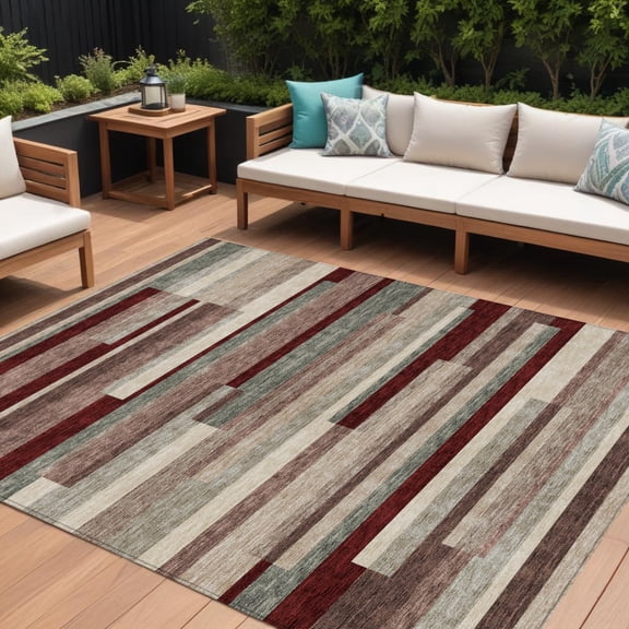 HomeRoots 613300 9 x 12 ft. Merlot Burgundy & Beige Striped Washable Indoor & Outdoor Rectangle Area Rug
