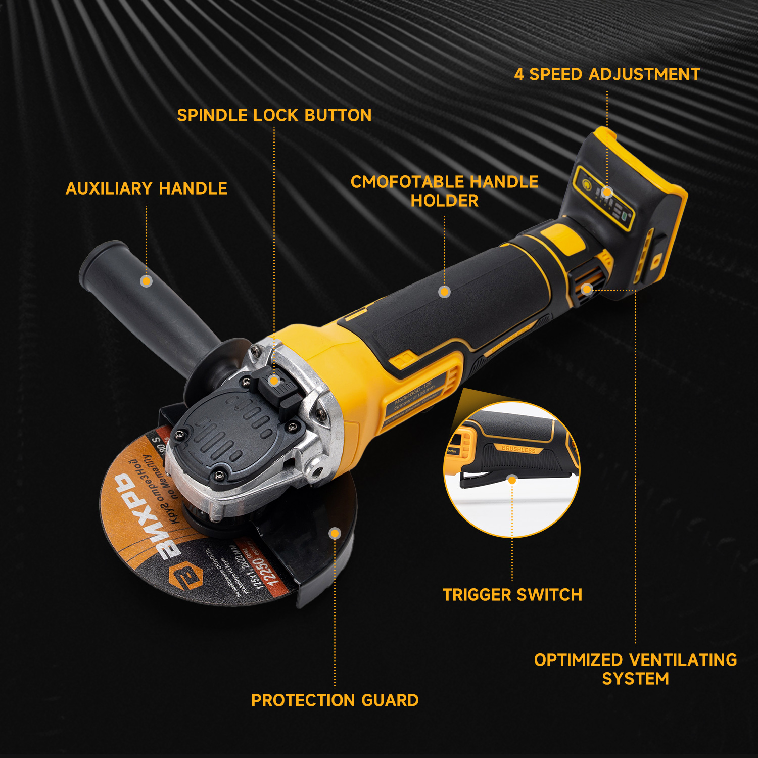 Cordless Angle Grinder, 125mm Disc, Fit Dewalt 20V Battery, 8500 RPM Max, Tool Only