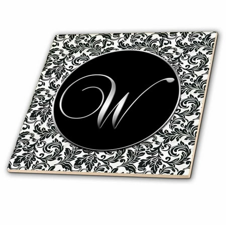 Ceramic Letter Tiles - 3dRose Letter W - Black and White Damask - Ceramic Tile, 4-inch