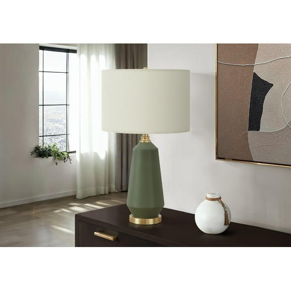Noaman 26" Green Ceramic Table Lamp with Ivory Linen Shade, 3-Way Rotary Switch, 15x15x26in, Contemporary Lighting for Living Room, Bedroom & Office