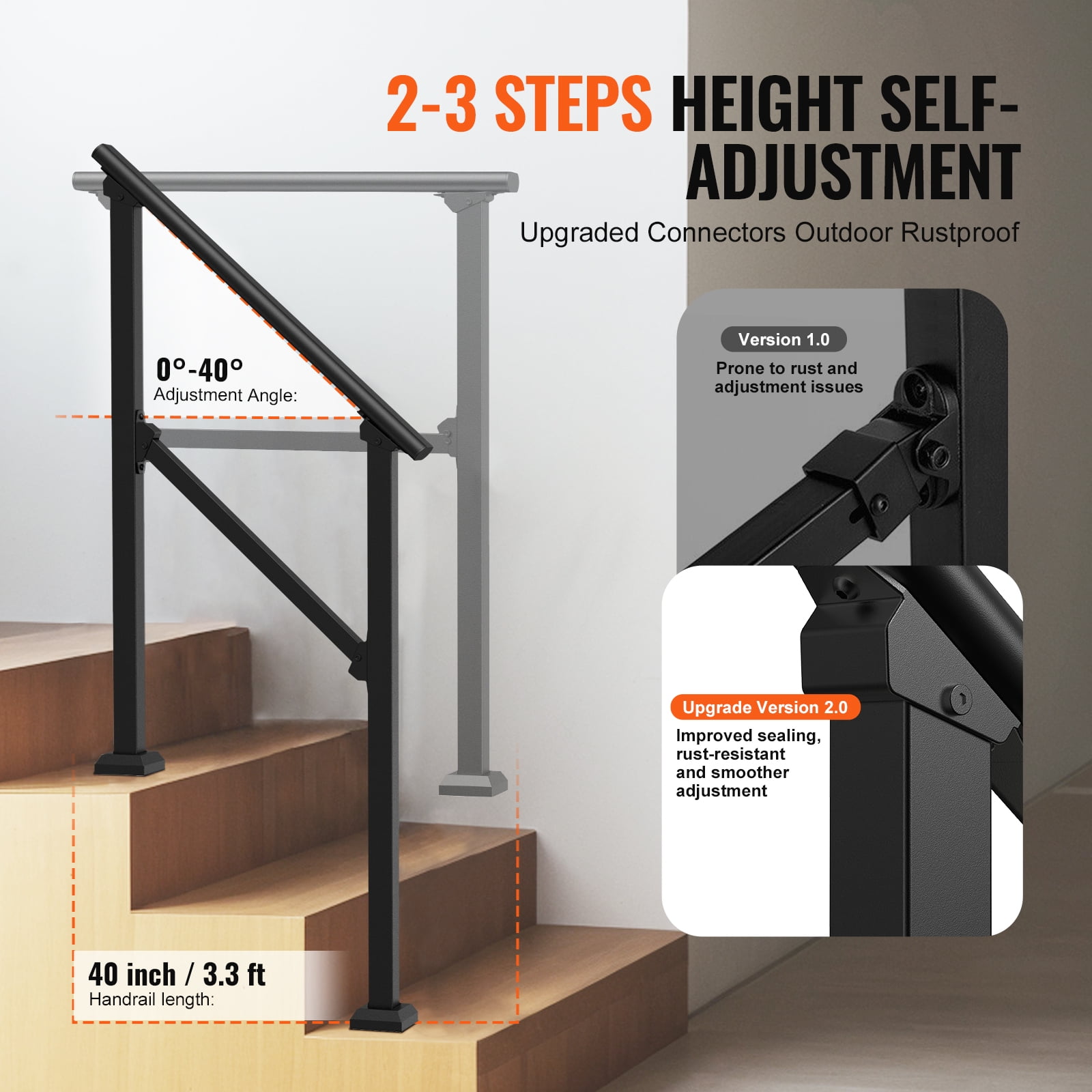 VEVOR Handrails for Outdoor Steps, 2 PCS 2-3 Step Stair Hand Rail Kit, Transitional Carbon Steel Railings with Installation Kit, Stair Rails for Seniors, Concrete & Porch & Deck, Black Square Tube