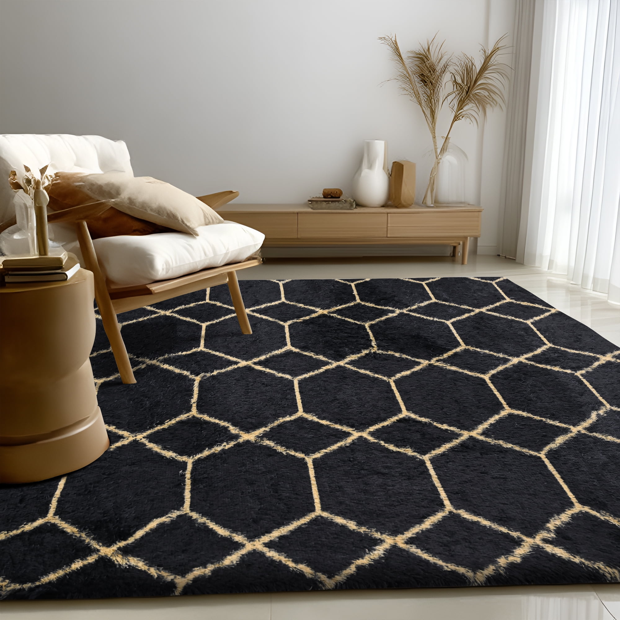 Pentantan 5ft x 8ft Shag Area Rugs for Living Room, Modern Geometric Fluffy Bedroom Carpet, Black & Gold