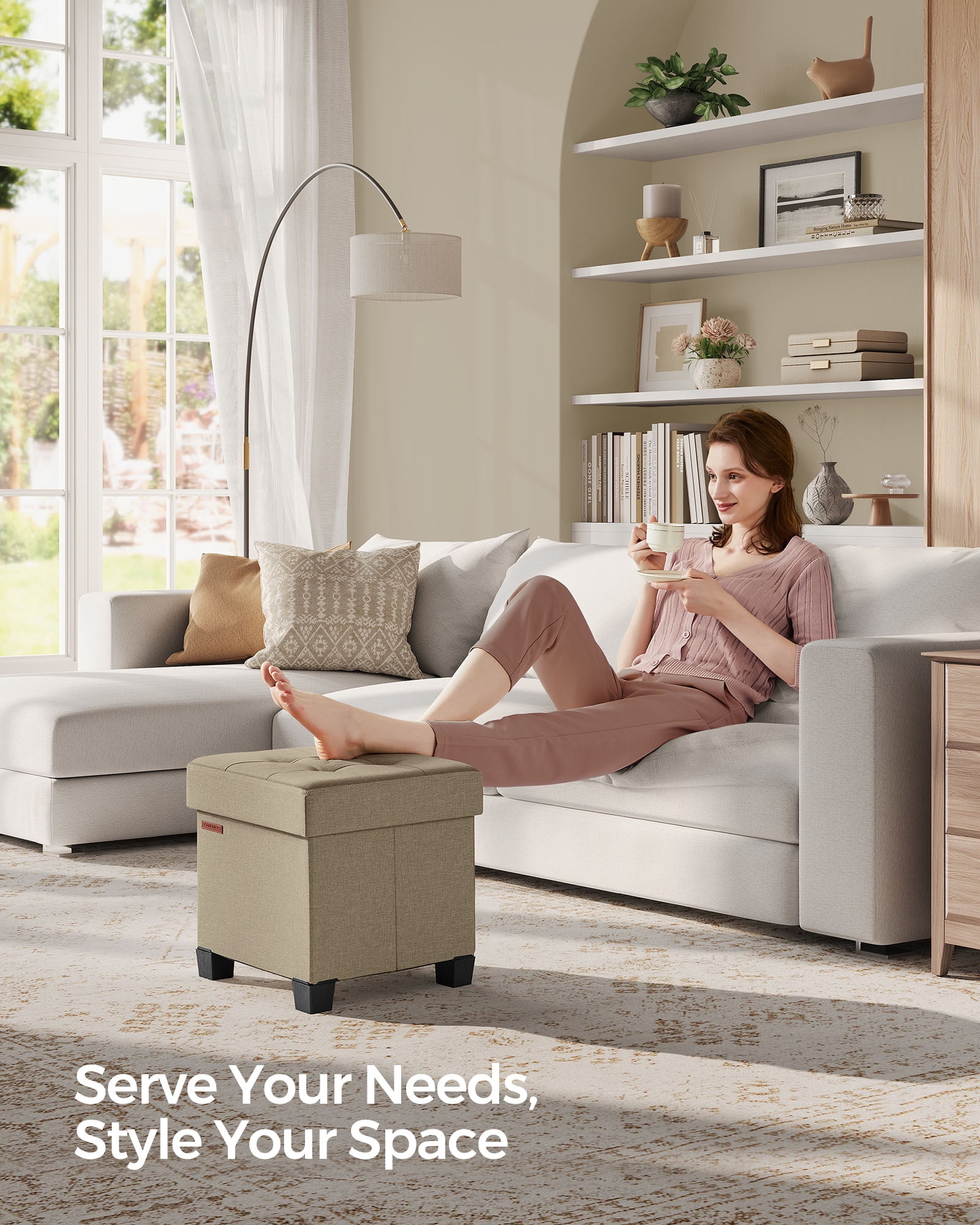 Storage Ottoman Foot Stool with Tufted Linen-Look, 15 x 15 x 15.7 Inches, 660 lb Capacity, Foldable for Living Room, Bedroom & Dorm, Camel Brown