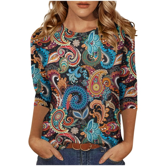 T-shirts pour Femmes Tendance Manches 3/4 Tee-Shirts Col Rond Blouses Décontractées Imprimé Floral Chandail Tops