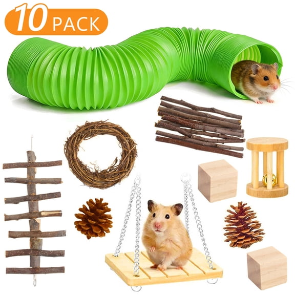 Tripumer 10pcs Hamster Toy Set with Interactive Tunnel, Guinea Pig Swing, Wooden Bell Ball, and Chew Accessories Suitable for Chinchillas, Gerbils, Rabbits, and Other Rodents as Chew Toys
