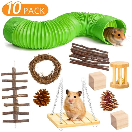 Tripumer 10pcs Hamster Toy Set with Interactive Tunnel, Guinea Pig Swing, Wooden Bell Ball, and Chew Accessories Suitable for Chinchillas, Gerbils, Rabbits, and Other Rodents as Chew Toys