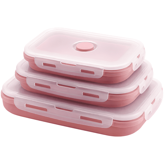 3 Pcs Collapsible Silicone Bento Lunch Boxes Set, 350/500/800ML, Food Storage Containers with Lids, Microwave Safe Lunch Boxes, -4 to 248 ℉, Space-Saving, Pink