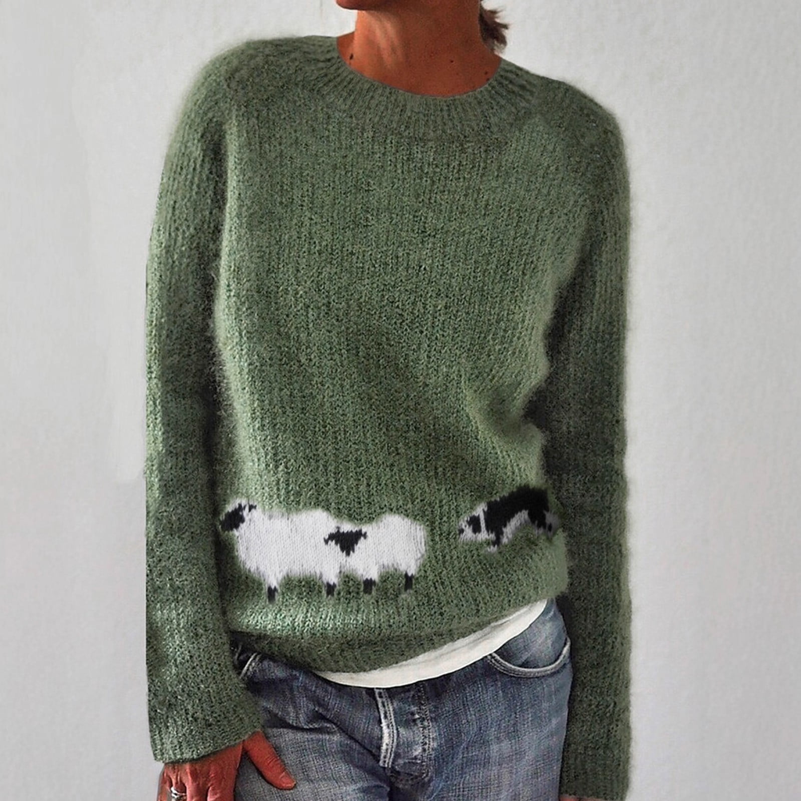 Women Sheep Fair Isle Nordic Knit Pullover Sweater, Crew Neck Animal Jacquard Long Sleeve Vintage Fall‑Winter Casual Top Multi‑Color