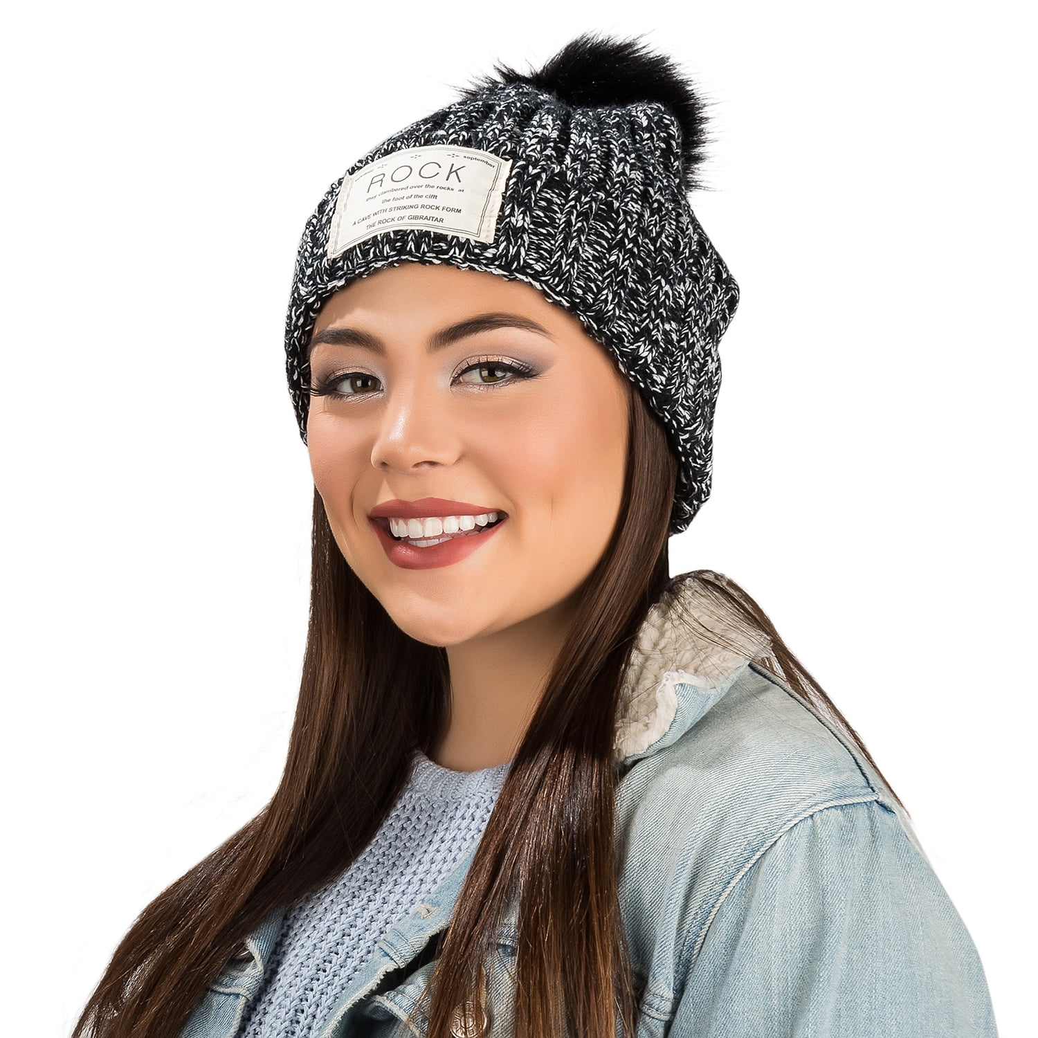 Women's Pompom Rock Knit Autumn Winter Beanie [One Size Fits Most]