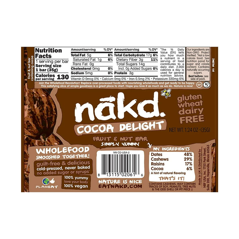 Nakd Bars, Cocoa Orange Raw Fruit and Nuts, Gluten Free, Vegan, 18 Count