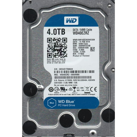 WD40EZRZ-00WN9B0, DCM HANNHT2CAB, Western Digital 4TB SATA 3.5 Hard Drive