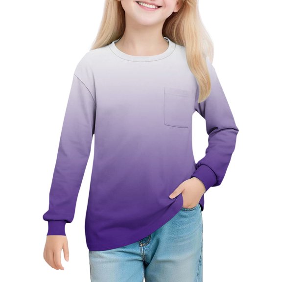 GigrtiJin Gradient Shirts for Girls Trendy Soft Long Sleeve Shirts Round Neck Casual Outdoor Shirts 5T-14T with Pocket