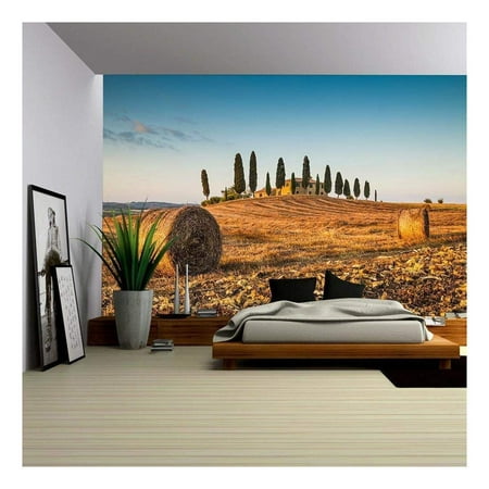 wall26 - Beautiful Tuscany landscape with traditional farm house and hay bales in golden evening light, Val d Orcia, Italy - Removable Wall Mural | Self-adhesive Large Wallpaper - 100x144 (Traditional Wallpapers 10 Of The Best)