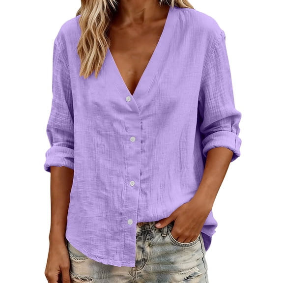 Womens Cotton Linen Long Sleeve Button Down Shirt Blouse Loose Fit Casual V-Neck Tops