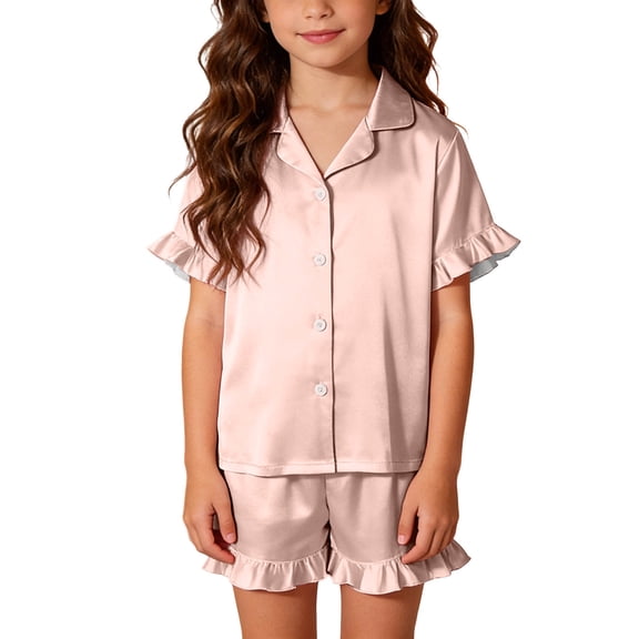 Cethrio Girls' Pajama Sets, Short Sleeve Lapel Collar 3-piece Comfy Girls' Sleepwear Pink Size 14