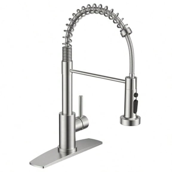 Kitchen Faucets with Sprayer Brushed Nickel Stainl Steel Sink Faucet Single Handle with Deck Plate Commercial Spring Faucet for Kitchen Sink Farmhouse Laundry Bar RV Camper