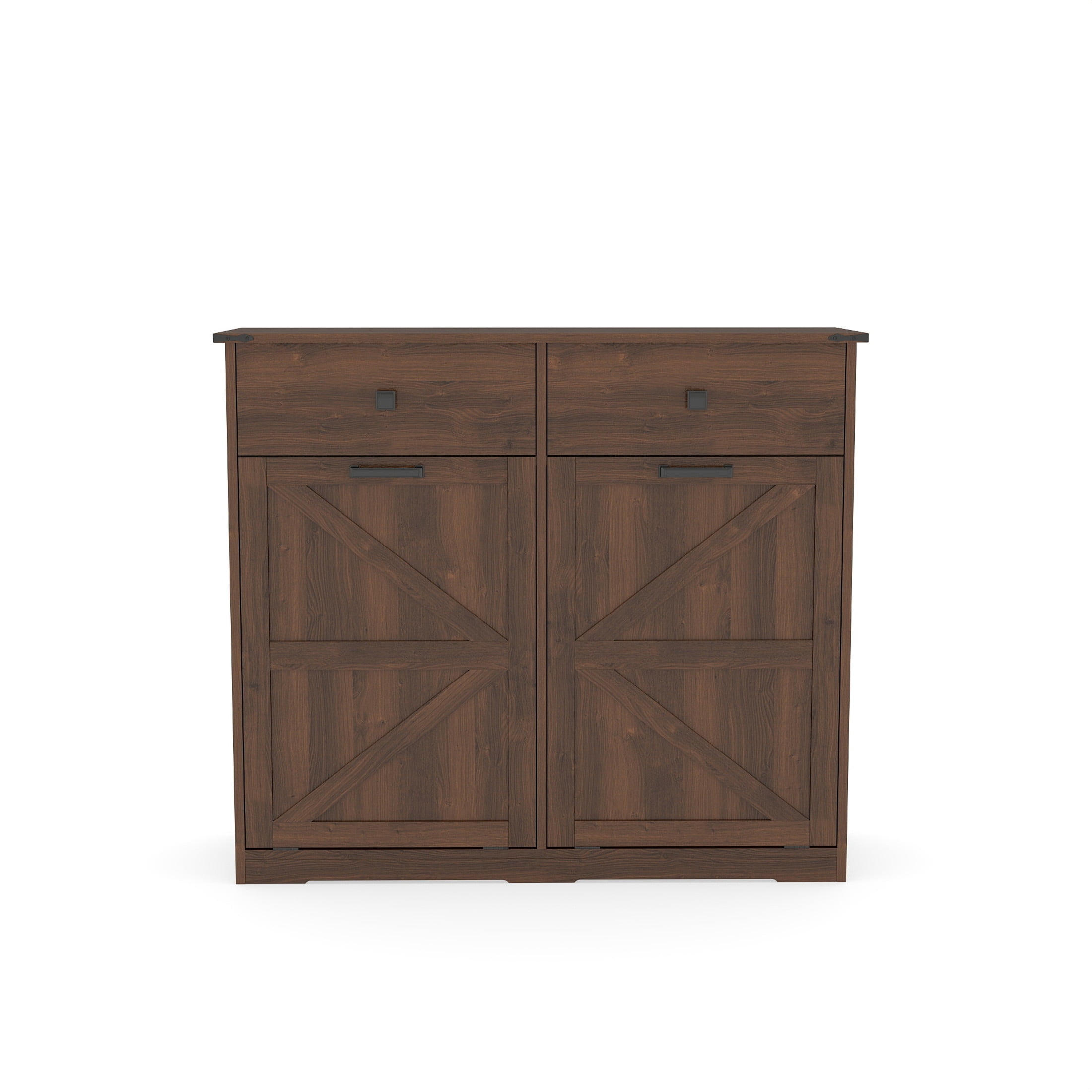 Noble House Farmhouse Double Tilt-Out Trash Cabinet with Drawers, Laundry Sorter Cabinet, Walnut