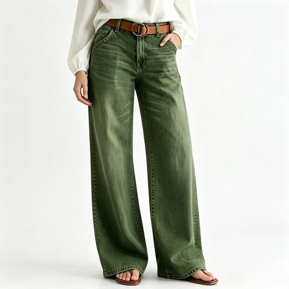 Women's High Waisted Wide Leg Jeans in Olive Green, Casual Relaxed Fit Denim Pants with Faded Wash and Belt Loops, Summer Baggy Long Trousers