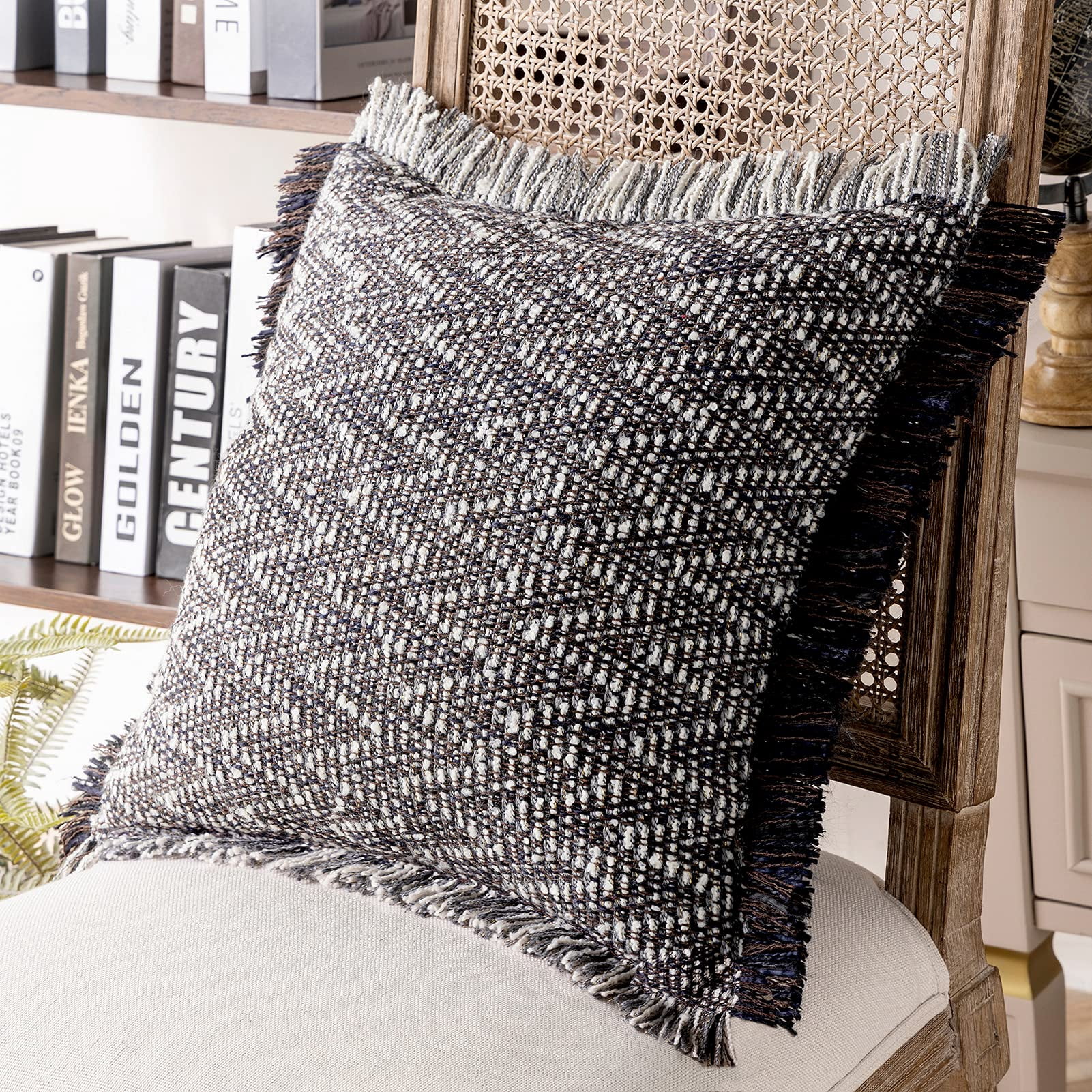 Phantoscope Boho Hand Woven Textured Decorative Throw Pillow with Insert, Fringe Trim, Modern Farmhouse Accent, Black, 18 x 18 in, 1 Pack