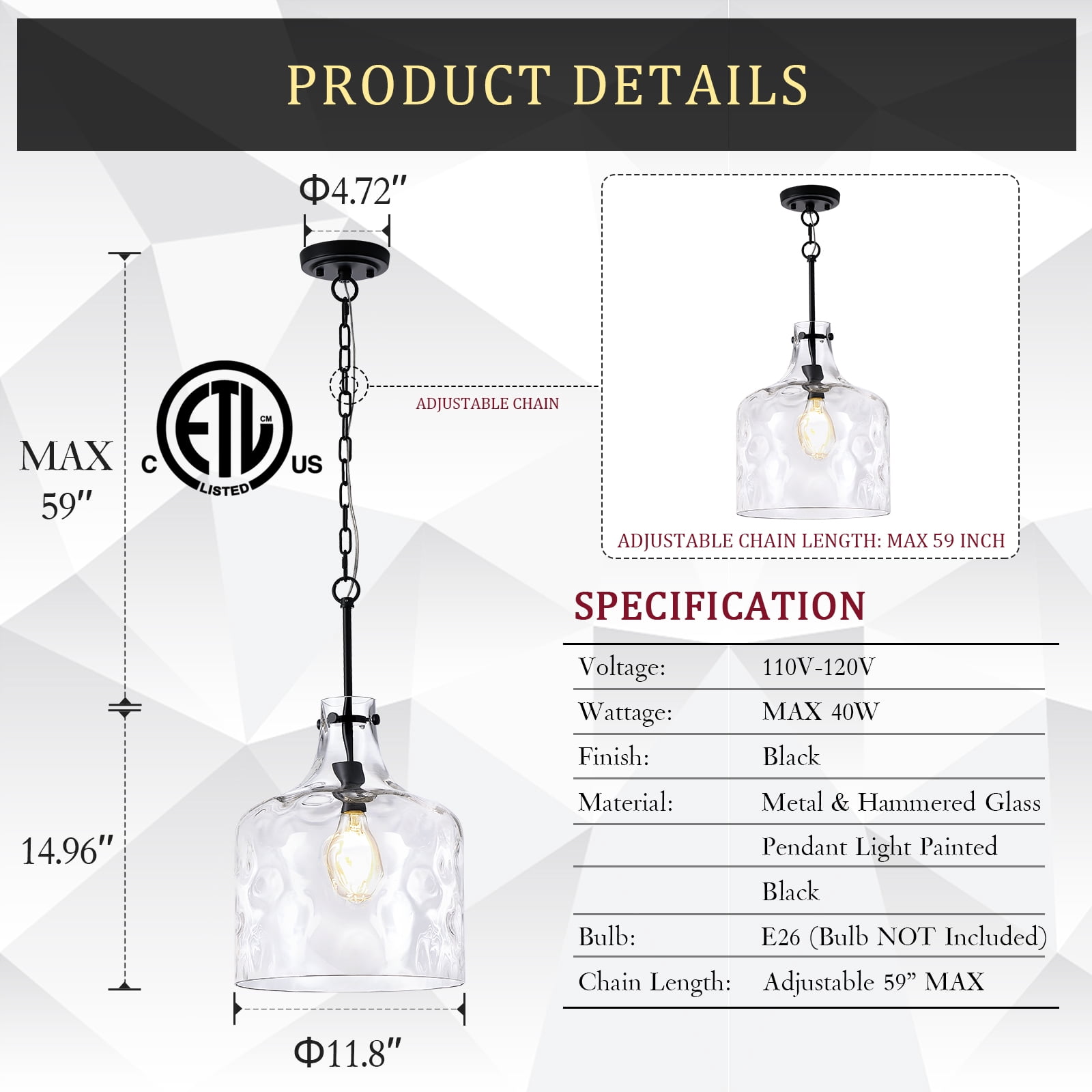 Extra Large 16" Vintage Farmhouse Pendant Light – Hand-Blown Clear Hammered Glass Shade, Adjustable Chain Hanging Light for Kitchen Island, Hallway, Dining Room, Chrome