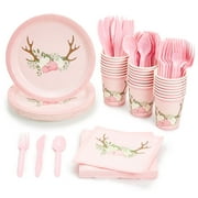 144 Piece Oh Deer Party Decorations for Girl Baby Shower, Woodland Theme Plates, Napkins, Cups, Cutlery (Serves 24)