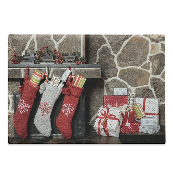 Fireplace Cutting Board, Christmas Themed Photo of Hanged Stuffed Stockings on Fire Log and Gift Boxes, Decorative Tempered Glass Cutting and Serving Board, in 3 Sizes, by Ambesonne