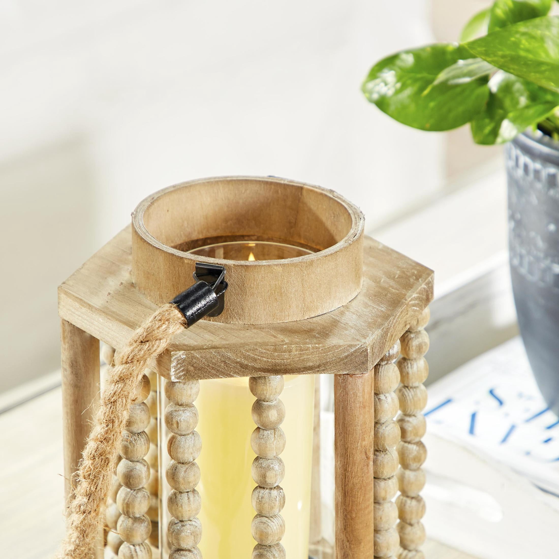 DecMode Beige Reclaimed Wood Beaded Decorative Candle Lantern