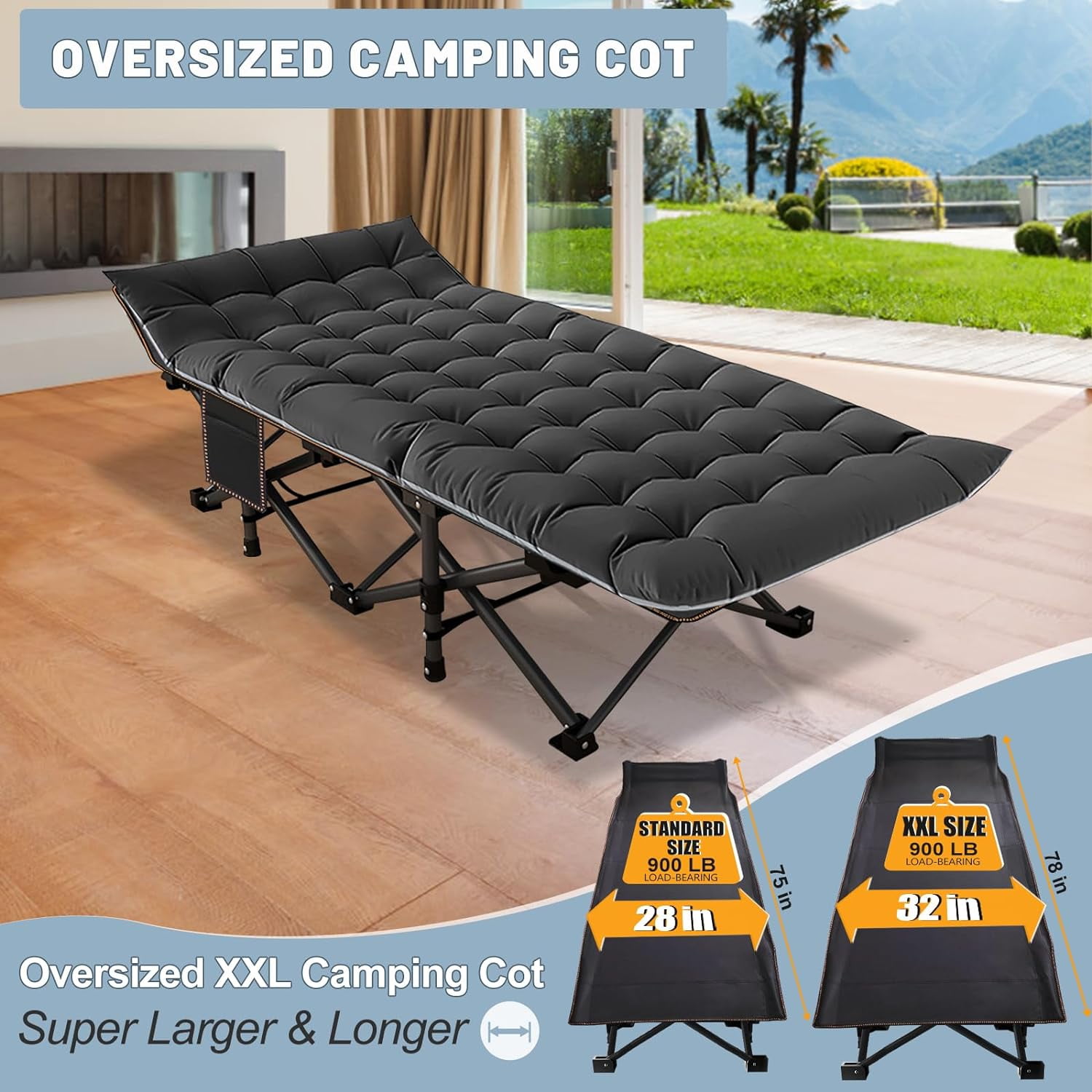ABORON Oversized XXL Folding Camping Cot for Adults & Kids, 78" L x 32" W x 18" H Large Folding Guest Bed Cots, Sleeping Cot Folding Bed with 2 Sided Mattress & Carry Bag