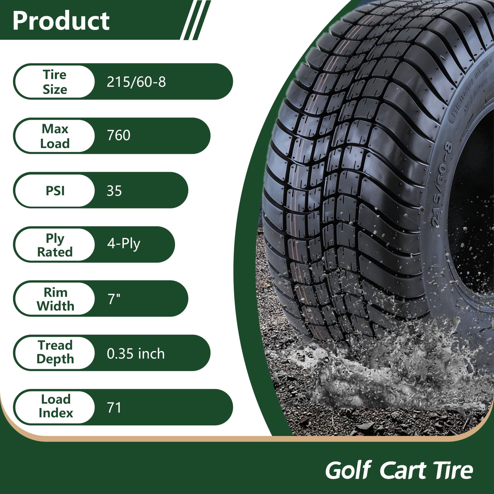 Hi-Run 2 Set P825 215/60-8 4PR Turf Safe Tubeless Golf Cart Tires Fits 18X8.50-8, 18X8.5-8