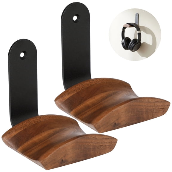 2 Pcs Headphone Wall Mount Holder with Tape and Screws, Wood Headphone Hook Stand, L-Shaped Headset Hanger for Home Office Studio, Fits All Size Headphones