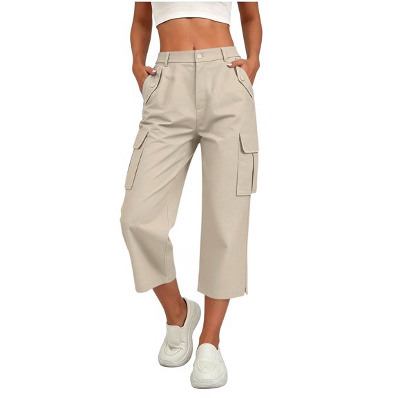 Fnooota Women's Cargo Capri Pants, Casual Side Split Elastic Waist Stretchy Fall Cropped Work Trousers Beige Size S-2XL