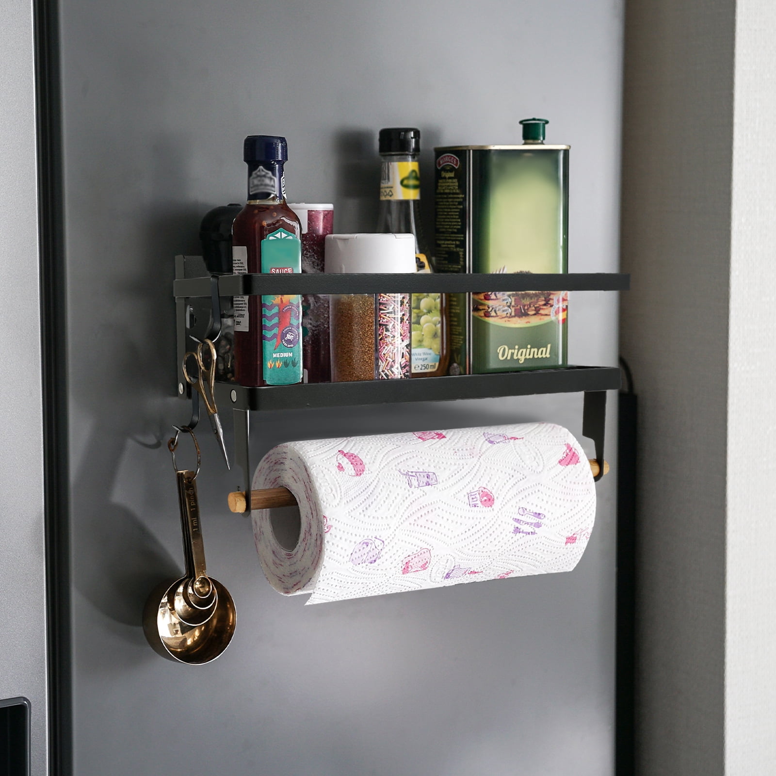 FUYGRCJ Magnetic Spice Rack with Paper Towel Holder Roll and 2 Hooks Magnetic Shelf Foldable Spice Organizer