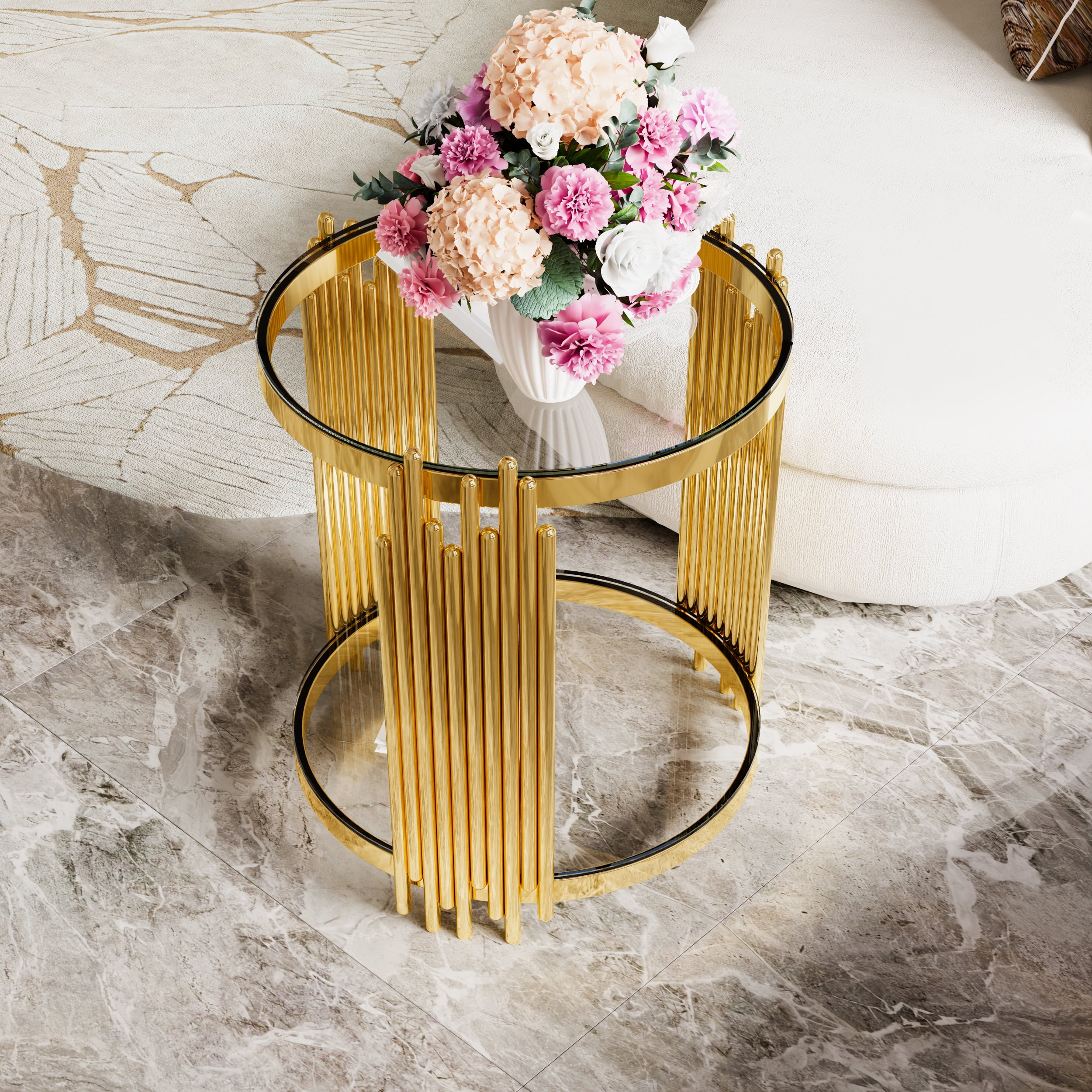 Euroco Modern Transparent Glass End Table for Living Room, Round, Asymmetrical Metal, Gold Finish & Lower Shelf, 19.8"
