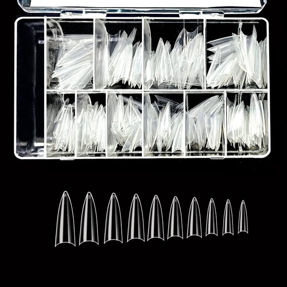 VIVACE Clear Stiletto 500 Puntas de uñas postizas acrílicas de gel con estuche de plástico transparente 27512 para salón de uñas (Estilete transparente)