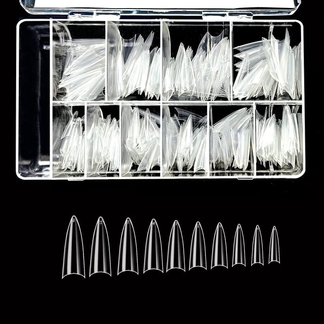 VIVACE Clear Stiletto 500 Puntas de uñas postizas acrílicas de gel con estuche de plástico transparente 27512 para salón de uñas (Estilete transparente)