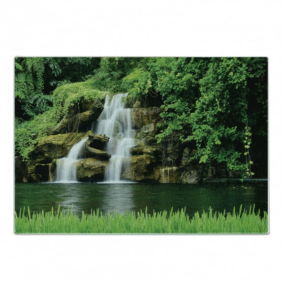Waterfall Cutting Board, Double Waterfalls Flow to Natural Lake Bushes and Grass Like Garden Print, Decorative Tempered Glass Cutting and Serving Board, Small Size, Green, by Ambesonne