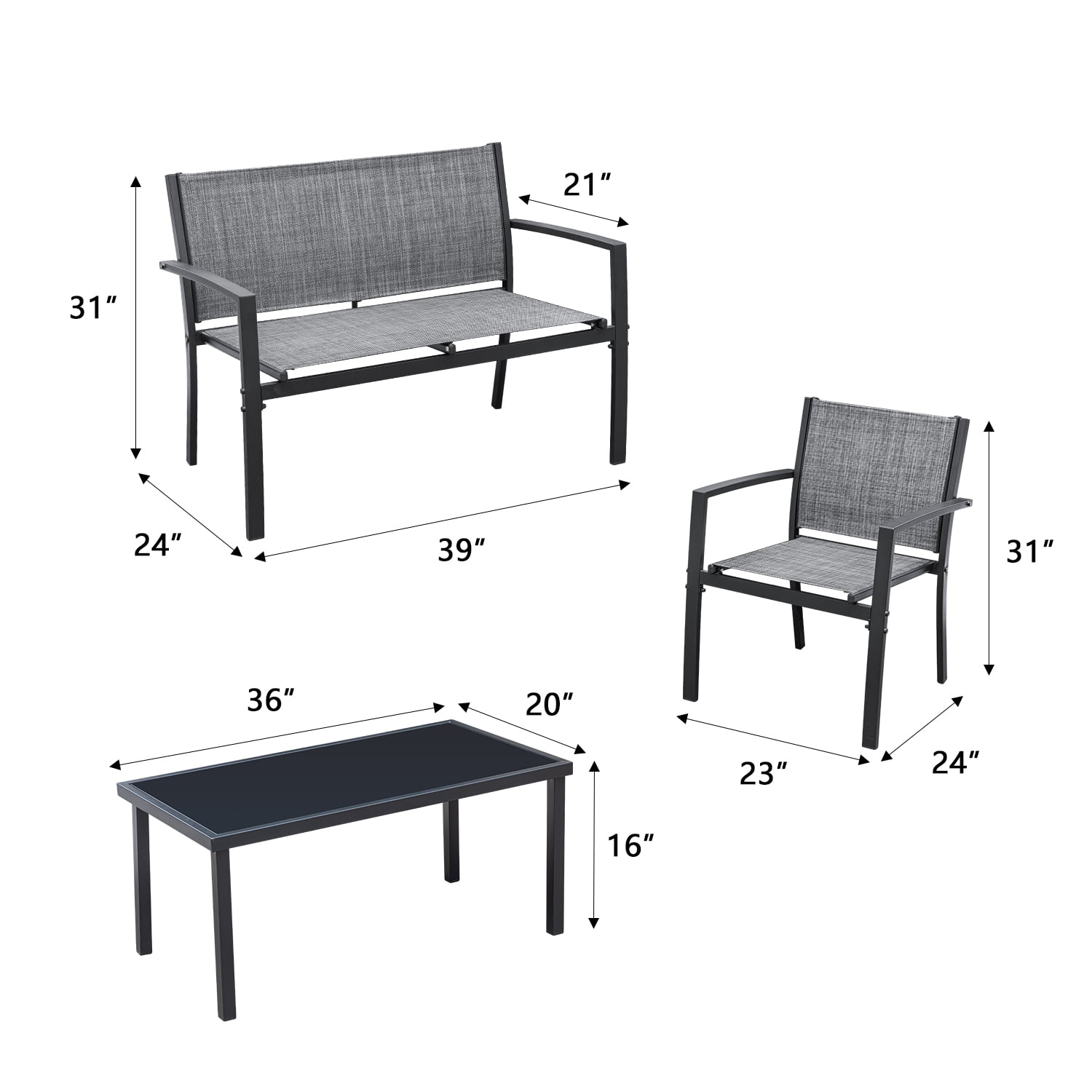 Devoko 4 Pieces Patio Furniture Outdoor furniture Outdoor Patio Furniture Set Textilene Bistro Set Modern Conversation Set Black Bistro Set with Loveseat Tea Table, Grey