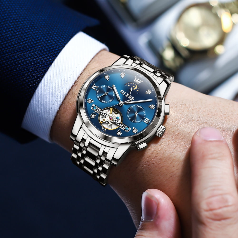 OLEVS Automatic Watches for Men Self Winding Mechanical Skeleton Flywheel Chronograph Luxury Dress Stainless Steel Diamond Moon Phase Waterproof Luminous Mens Wrist Watches Reloj Para Hombre
