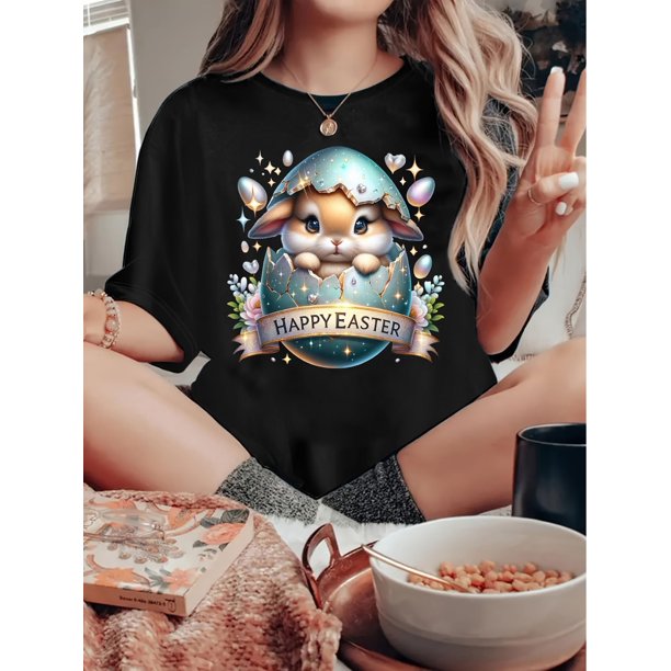 Women'S T-shirt, 'HAPPY-EASTER' Print, Vintage Simple Fashion, Round Neck, Casual And Comfortable, Sporty Short-sleeved T-shirt
