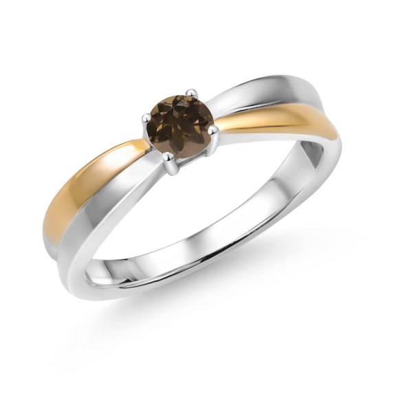 Gem Stone King 925 Silver and 10K Yellow Gold Brown Smoky Quartz Solitaire Engagement Ring for Women (0.26 Cttw, Round 4MM, Gemstone Birthstone, Available in Size 5, 6, 7, 8, 9)