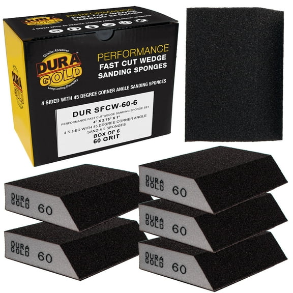 Dura-Gold 60 Grit 4-Sided Hand Sanding Block Sponges with Angled Edge, Box of 6 - Performance Flex 3.9" x 2.75" x 1" Wet or Dry Flexible Sandpaper Abrasive Pads - Wood, Drywall, Metal Auto Paint