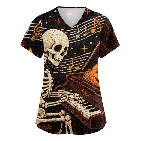 Wutalume Halloween Costume Scrubs for Women - Side-Slit V-Neck Print, Pockets, Short Sleeve Medical Top, Comfortable Workwear,Beige L