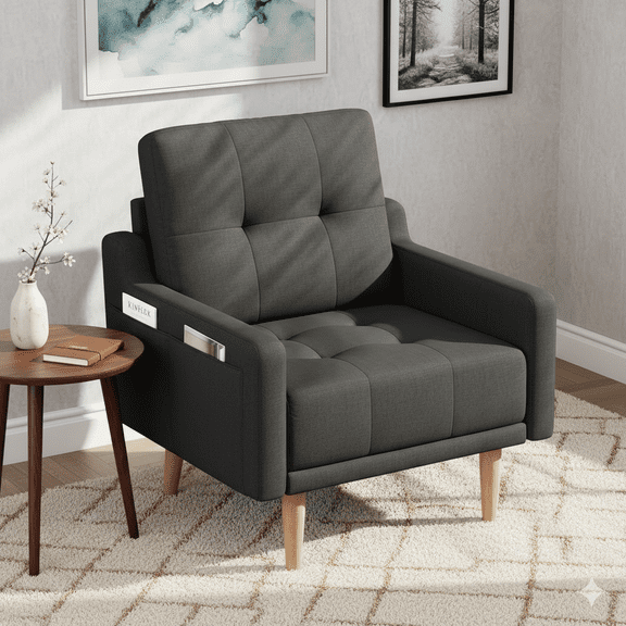 Mid Century Modern Accent Chair Reading Chair with Wood Legs, Upholstered Armchair Fabric Single Sofa Chair for Living Room & Bedroom (Black)