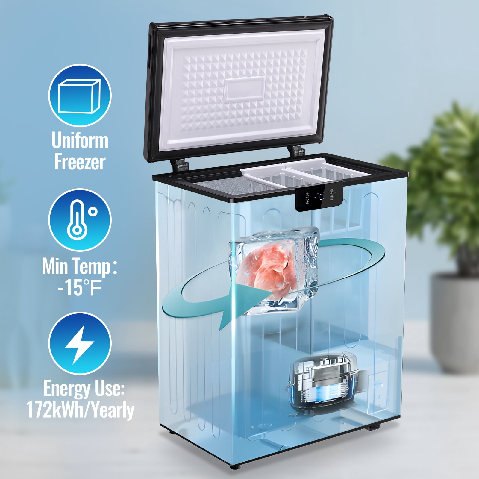 4.4 Cu.ft Chest Mini Freezer with Digital LED Thermostat Deep Freezer for Bulk Storage Top Open Door 2 Removable Baskets Small Freezer with Wheels for Home Apartment Kitchen Black