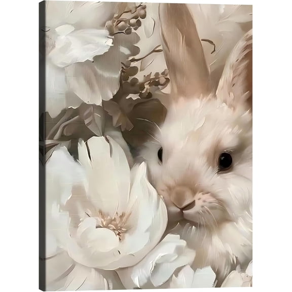 Aaheei White Bunny Flowers Print Wall Art, Vintage Easter Picture Posters Wrapped Canvas Wall Decor Artwork Painting for Bedroom, Living Room,Bathroom Bar, Office Classic Home Decor