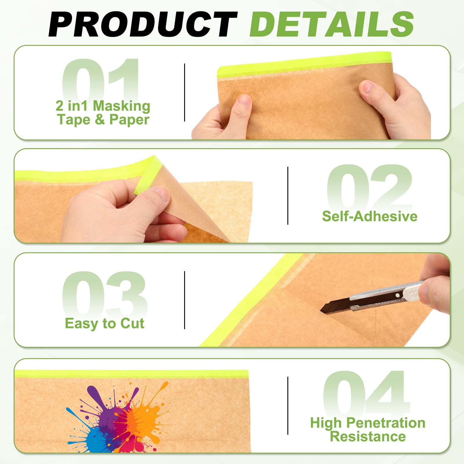 Uxcell 2pcs Pre-Taped Masking Paper, 18" x 49 ft Paint Adhesive Protective Paper Painter Tape and Drape for Masking Auto Body Covering Wall Skirting Frames, Green