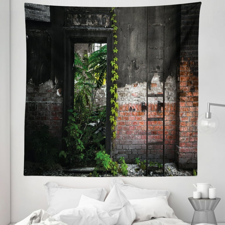 Industrial Tapestry Old Door Opening in a Desolate Industry Building Brick Wall with Ivy Plants Fabric Wall Hanging Decor for Bedroom Living Room